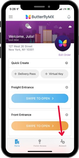 Hit 'account' to change your ButterflyMX phone number