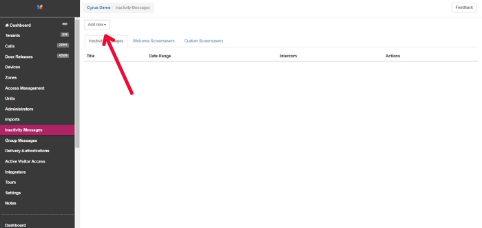 Hit 'Add new' to add the ButterflyMX welcome screensaver