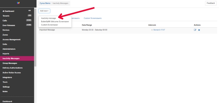 Select 'Inactivity message' from the dropdown