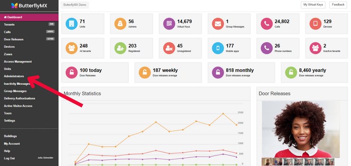 Click 'administrators' to manage admins in the ButterflyMX OS