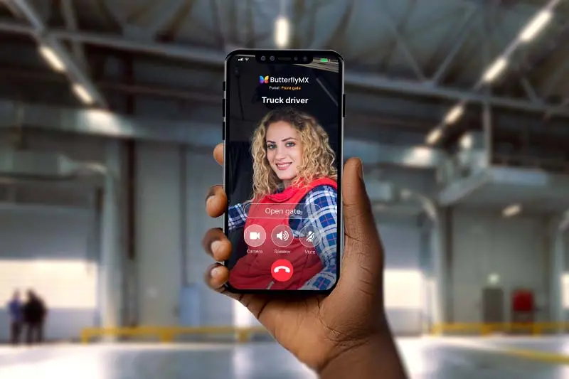 mobile app showing person two-way video chatting with a guest using a gate intercom