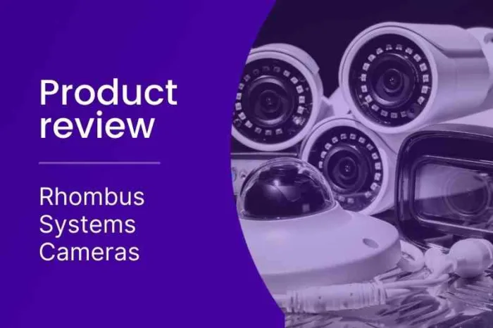 Rhombus Systems Cameras Product Review slide with purple background and image of security cameras.